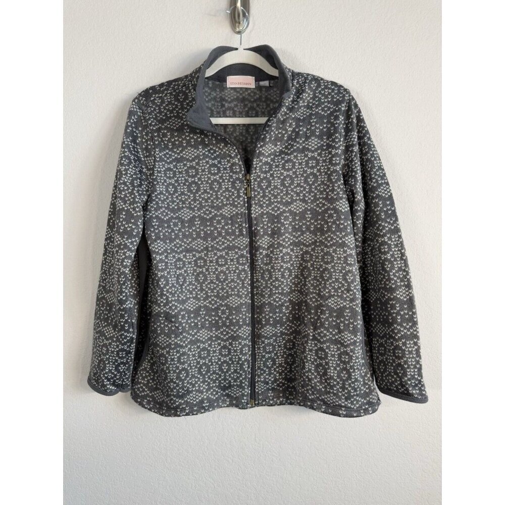 Stan Herman Fleece Jacket Women's Large Geometric Gray Zip Up Mock Neck‎ Casual